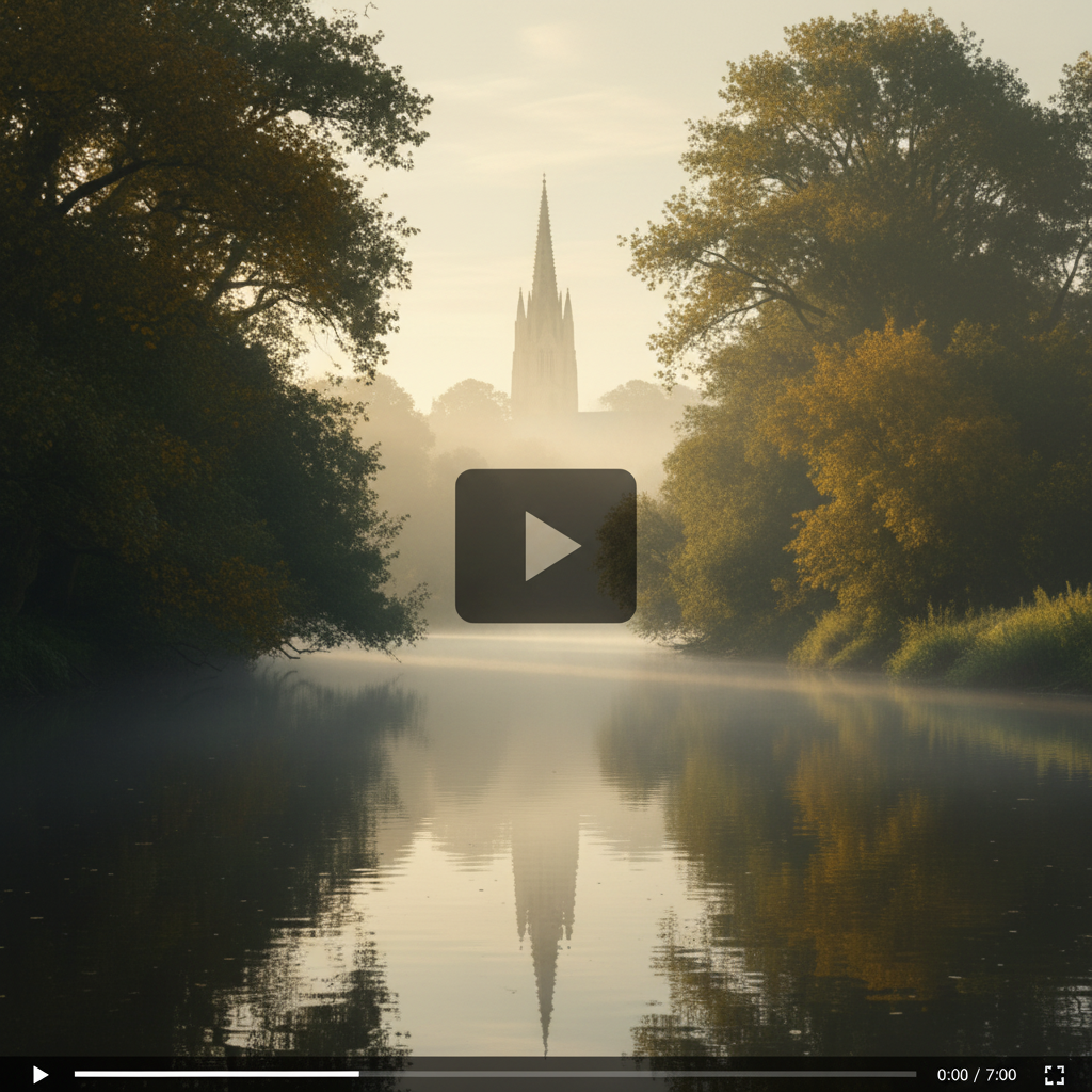 Misty river at dawn with cathedral spire