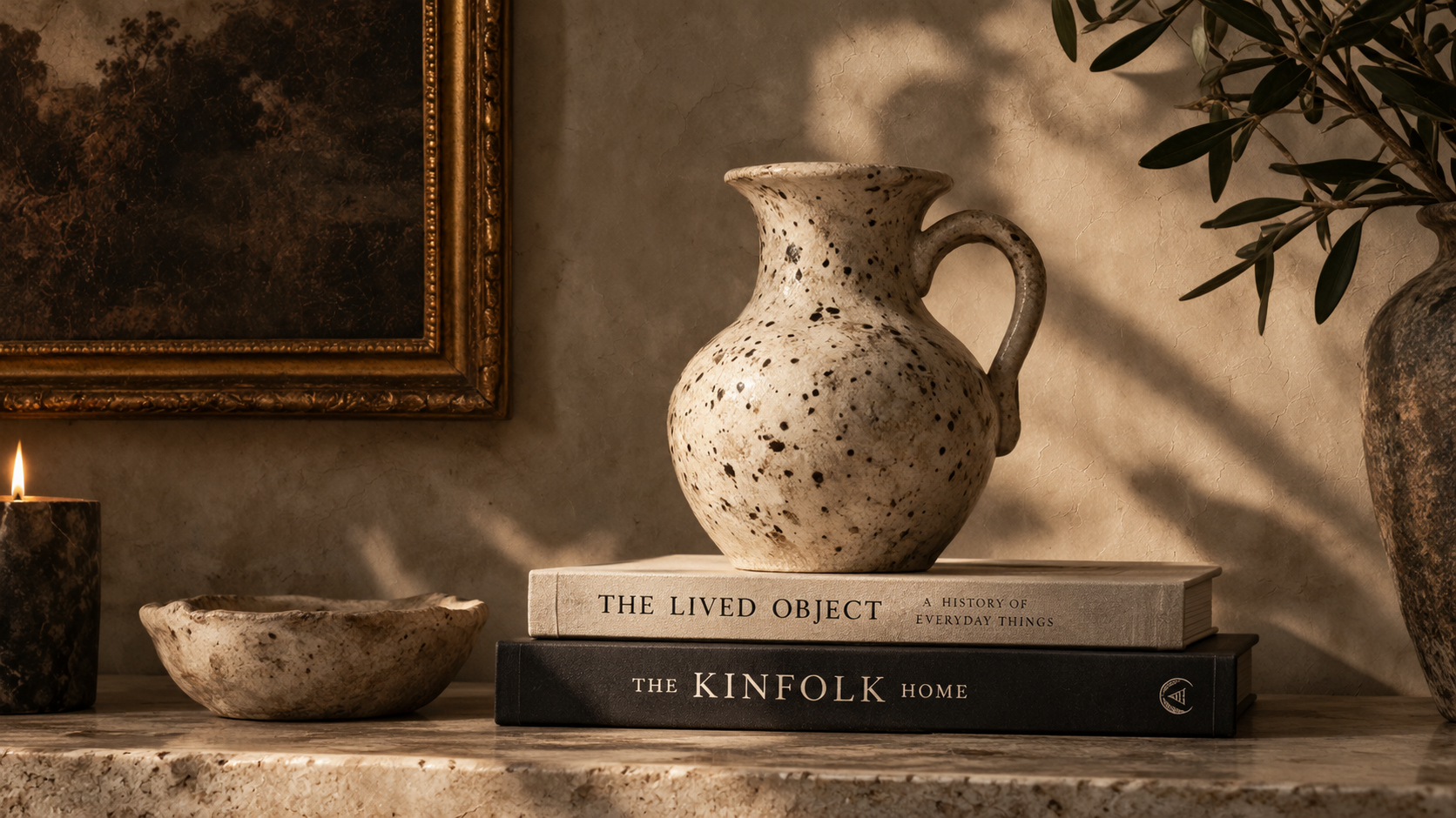 Ceramic jug and framed painting still life editorial