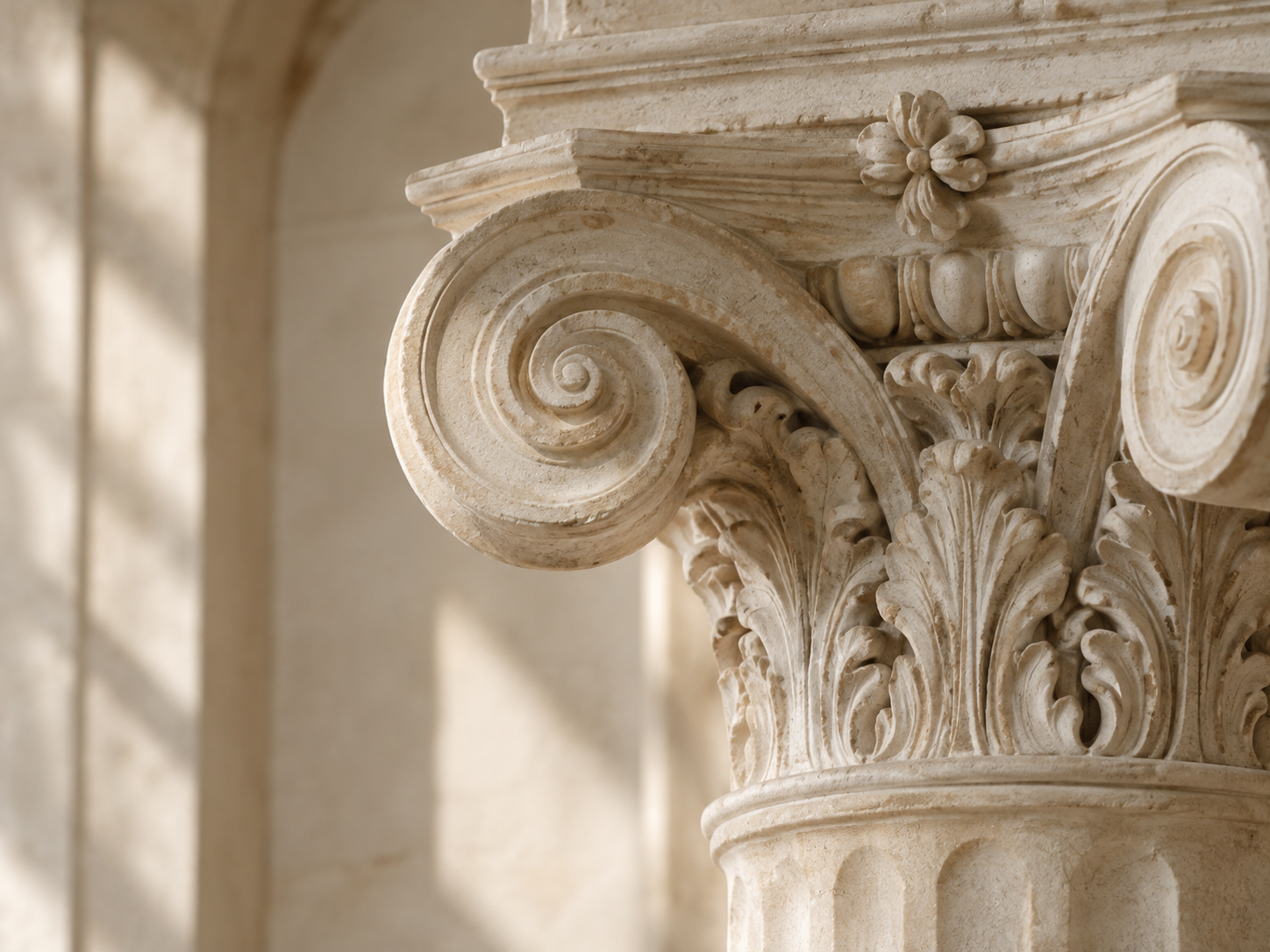 Neoclassical stone column capital scroll detail