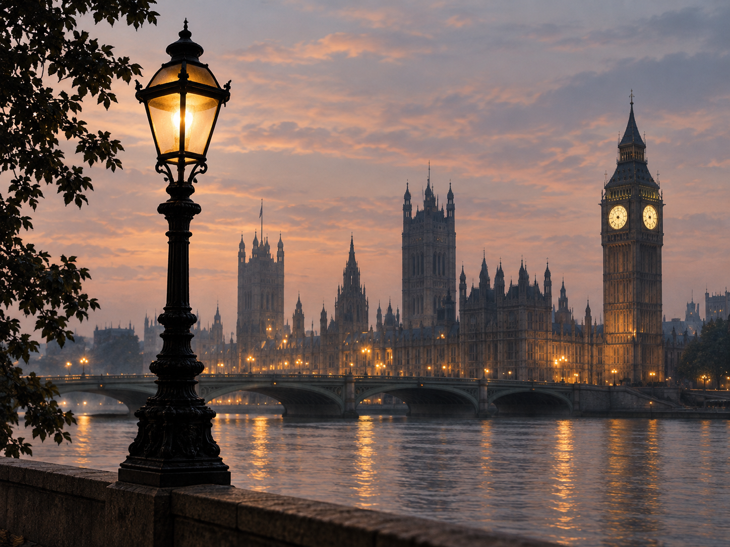 Big Ben Westminster London at night with street lamp