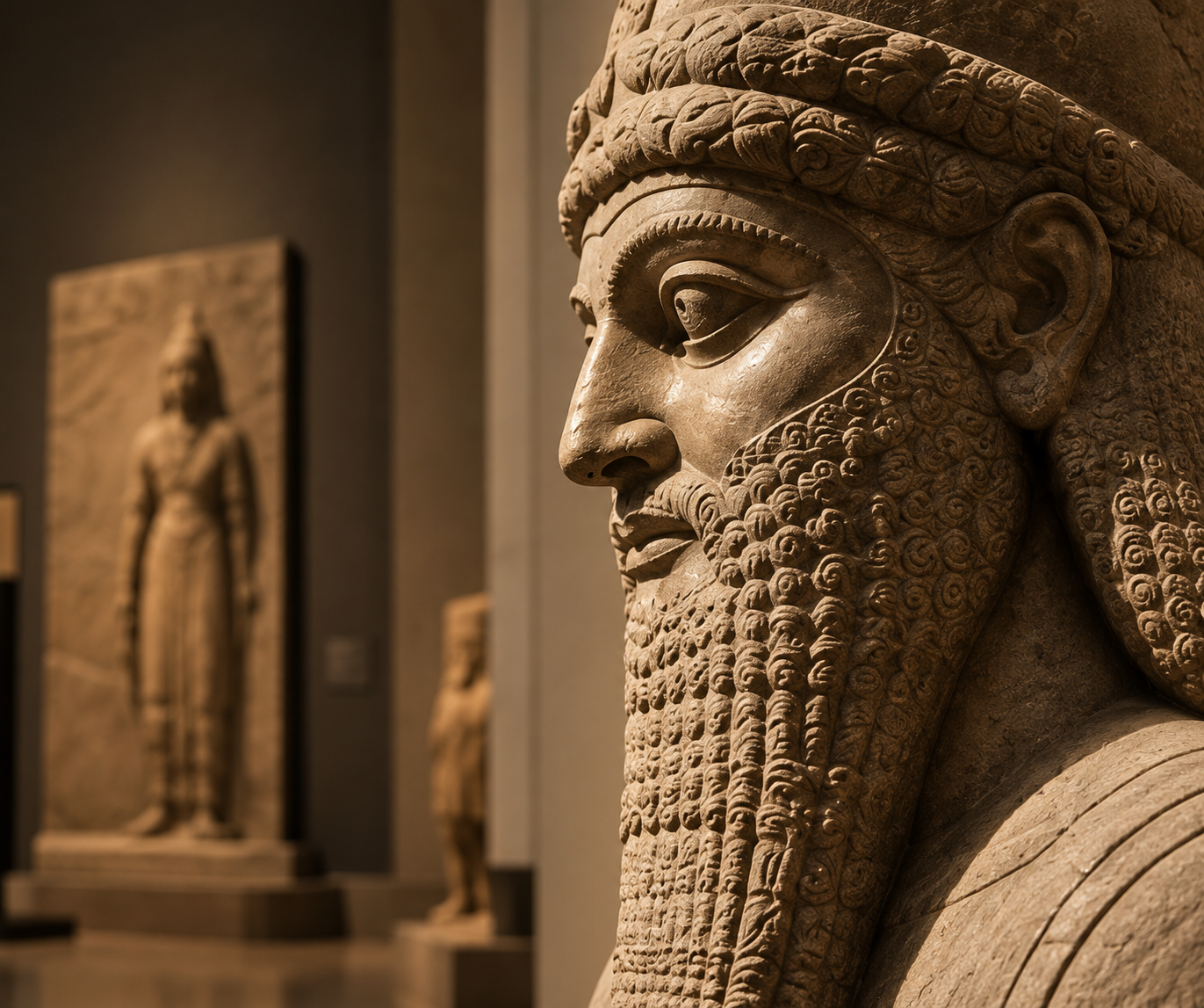 Assyrian stone sculpture face close-up at the British Museum