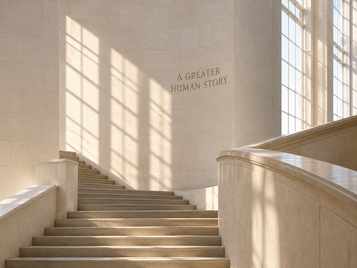 Museum grand staircase with warm sunlight and engraved wall text