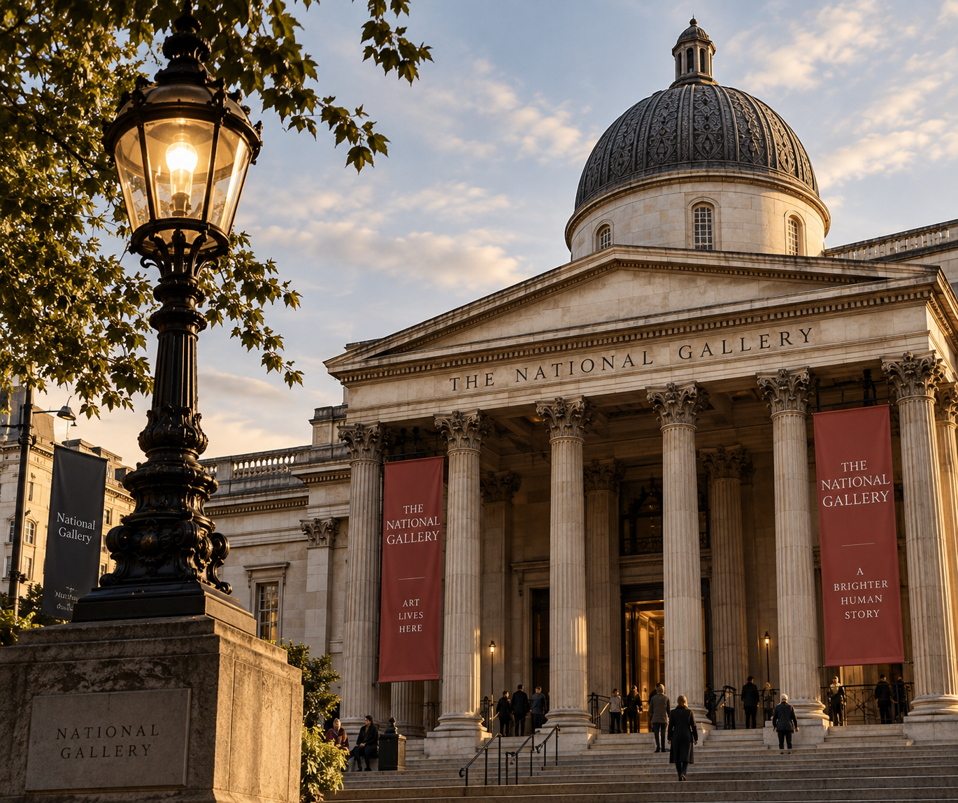 National Gallery London exterior with neoclassical columns and red banner