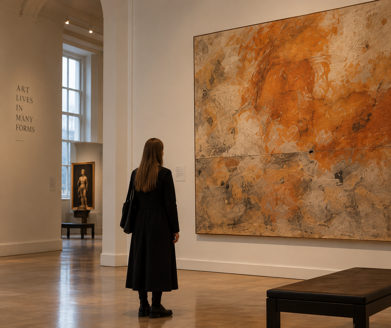 Woman standing in front of large abstract painting in white gallery