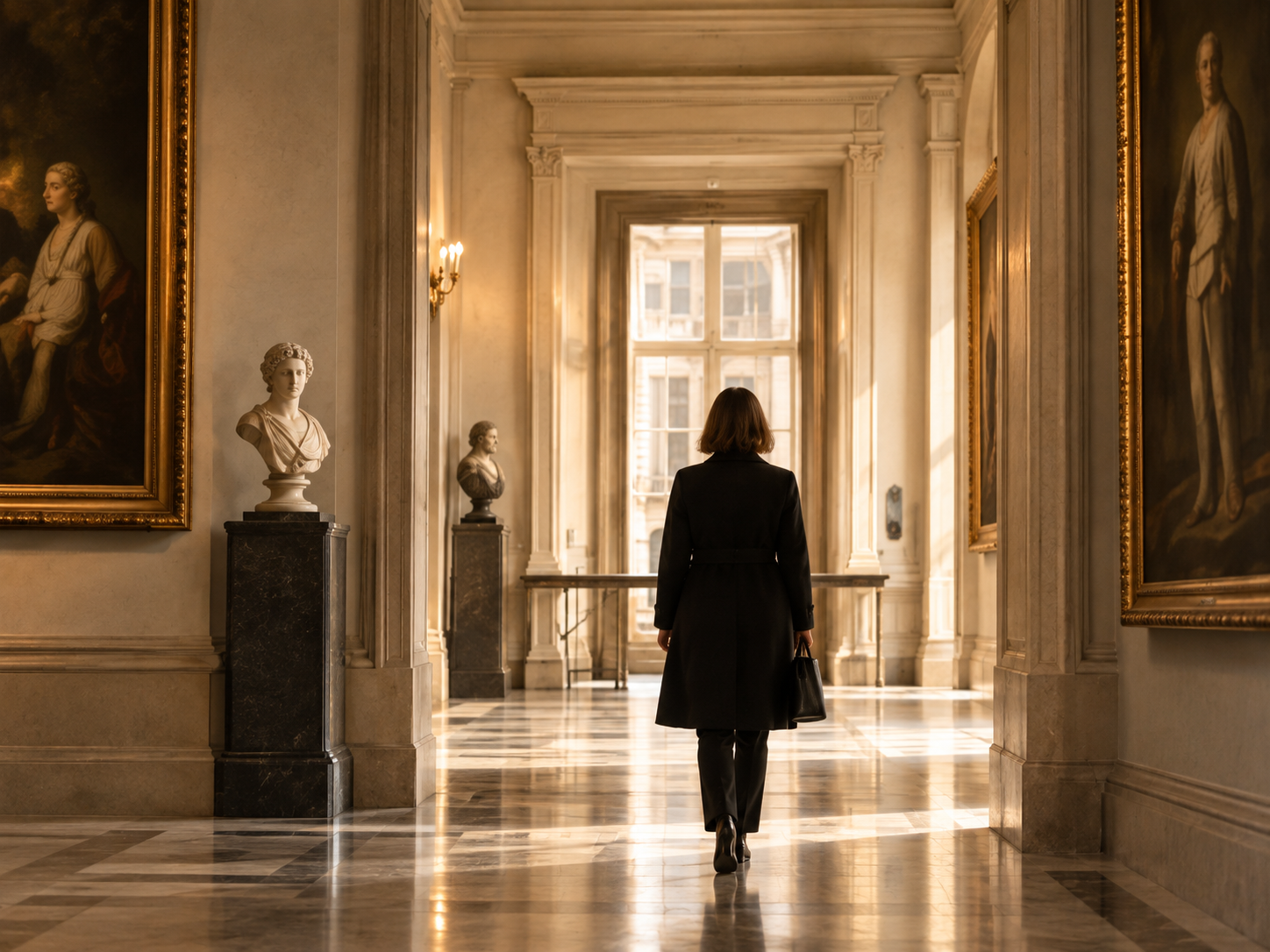 Gallery corridor museum interior warm light