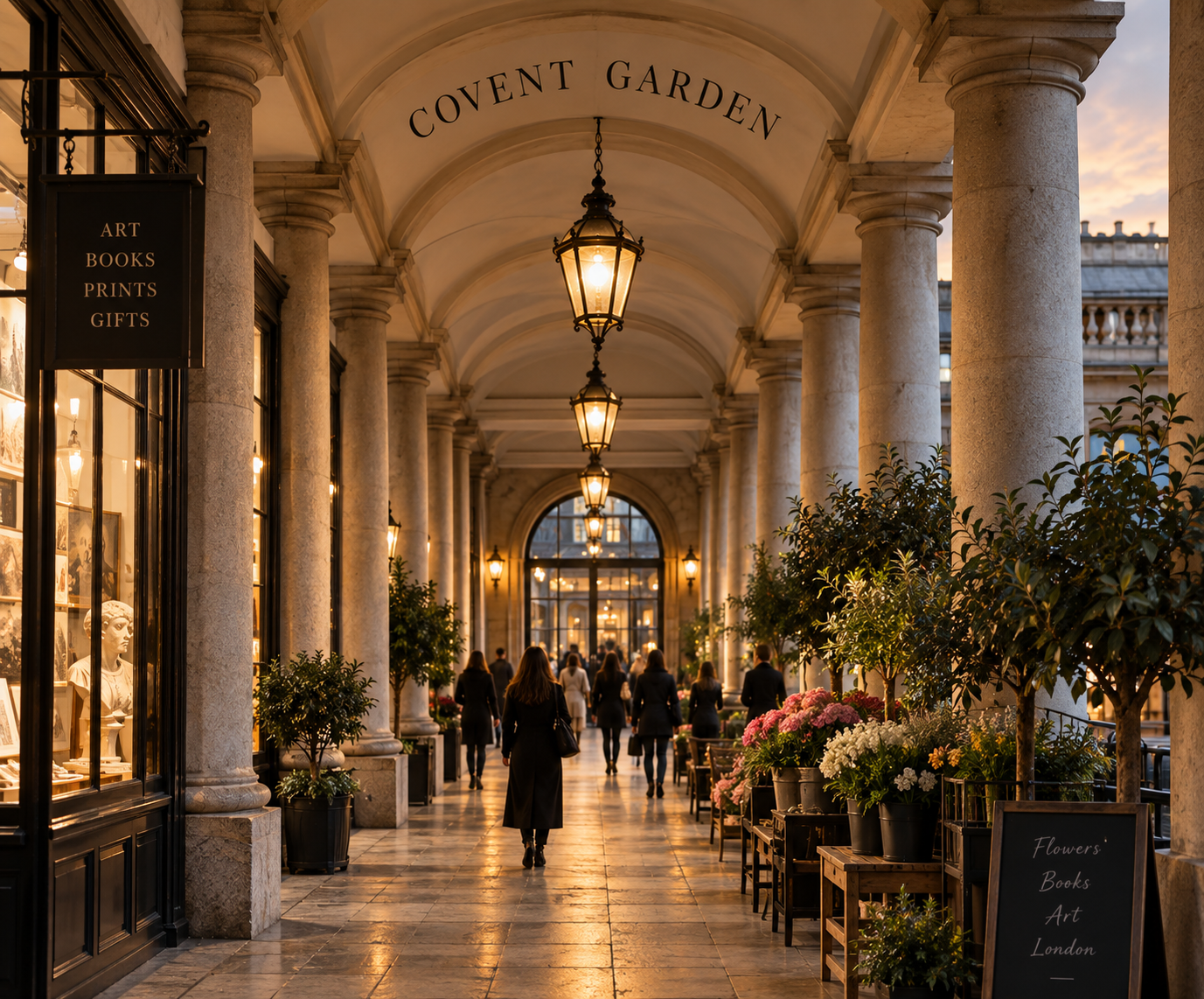Covent Garden arcade colonnade with warm lanterns and people walking