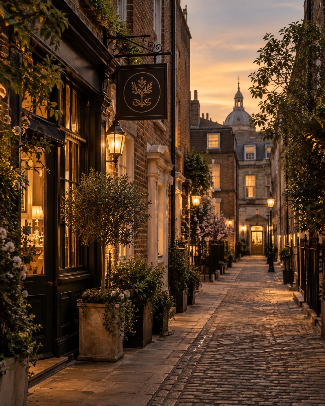 London narrow cobblestone alley at evening with lantern and hanging sign